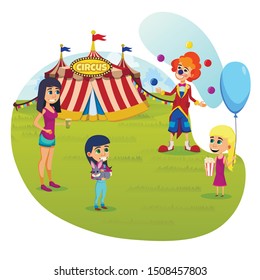 Informational Poster Circus Performance Cartoon. Adults and Children are Talking with Clown Standing Near Circus. Clown Offers to Visit Show Program Circus Tent. Vector Illustration.