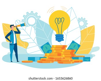 Informational Poster Close Study Idea Cartoon. Flyer Familiarity with Promoted Brand. Banner Man in Suit Looks Out Telescope Article at Gold Coins and Banknotes. Vector Illustration.