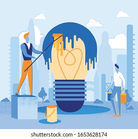 Informational Poster Coloring Technology Ideas. Solving Specific Problems in Various Fields. In Foreground is Large Lamp, Man Paints Light Bulb with Roller. Guy Carries Buckets Paints.