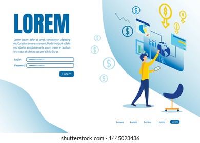 Informational Poster Company Finance Management. Flat Banner Man Manages Information and Data with Help Online Applications and Virtual Reality Cartoon. Vector Illustration Landing Page.