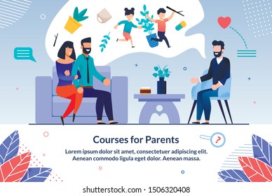 Informational Poster Courses for Pregnant Flat. Happy Husband and Wife are Sitting in Speakers Office and Dreaming Future Children. Married Couple Listens to Male Family Specialist.