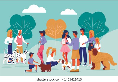 Informational Poster Dog Owners Meeting Cartoon. People Walk in Park with Dogs. Meet Dog Owners for Socializing and Competition. Men and Women Rejoice with Animals. Vector Illustration.