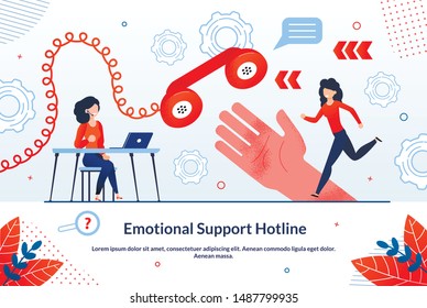 Informational Poster Emotional Support Hotline. Banner Regular Visits to Doctor Reduce Premature Mortality. Woman Runs to Handset. Emotional Assistance Service. Vector Illustration.