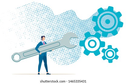 Informational Poster Fine Tuning Mechanism Flat. Bright Banner Conceptual Idea Available Tools and Instrument for Manual Fine Tuning. Trendy Flyer Man Turns Gear Wrench. Vector Illustration.