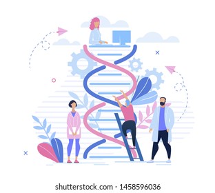 Informational Poster Genetic Research Cartoon. Men and Women in White Coats Study Science Heredity. Medic Investigate Cause Disease and Human Characteristics at Genetic Level Flat.