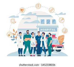 Informational Poster Hospital Staff Cartoon Flat. People in White Coats Working in Hospital. Men and Women Practicing Ambulatory Specialists for Area Medical Center. Vector Illustration