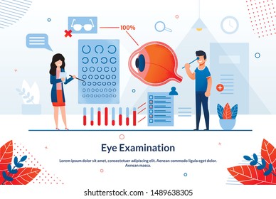 Informational Poster Inscription Eye Examination. Medical Procedure to Measure Condition Patient. Man Undergoes an Eye Examination by an Ophthalmologist, Female Doctor Shows Letters.