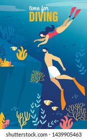 Informational Poster Inscription Time for Diving. Flyer Man and Woman are Swimming in Masks Under Water. Flat Banner Underwater View with Fish and Coral. Vector Illustration Cartoon.