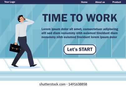 Informational Poster Inscription Time to Work. Flyer Advertising Young Man goes to Work and Talks on Phone. Man in Suit Is in Hurry. Horizontal Banner Weekdays Young Men. Vector Illustration.