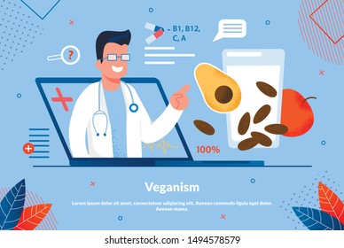 Informational Poster Inscription Veganism Flat. Ways to Prevent Many Infectious Diseases. Nutritionist From Laptop Screen Explains Value Vitamins in Fruits and Vegetables. Vector Illustration.