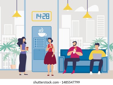 Informational Poster Lunch Break At Work Flat. Increase Mood And Performance In Office. Men And Women In Staff Room Drink Coffee And Eat Sandwiches During Lunch. Vector Illustration.