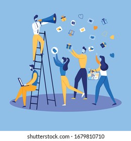 Informational Poster Needs and Requests Cartoon. Sense Need to Meet Basic Needs. People Catch Bonuses and Hearts in Basket, Man Stands on Stairs with Loudspeaker. Vector Illustration.