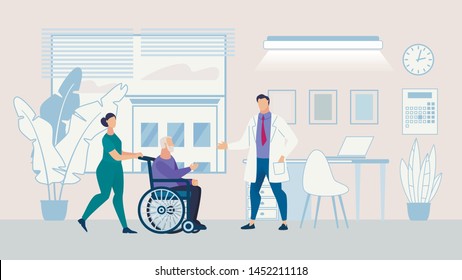 Informational Poster Nursing Home Cartoon Flat. Banner Hospitalization an Elderly Person. Flyer Nurse Carries Man in Wheelchair for Visit to Doctor. Service Hospice. Vector Illustration.