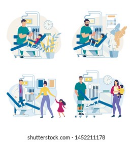 Informational Poster Pediatric Dental Clinic. Flyer Dentist Treats Childs Teeth. Boy at Reception at Dentist. Mother Brought  Baby for Examination to Doctor Cartoon. Vector Illustration.