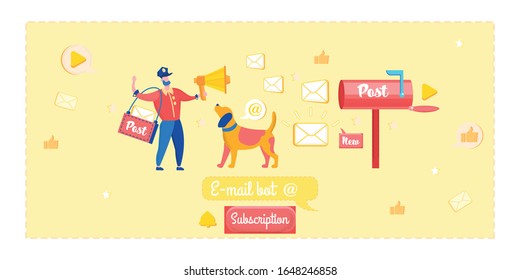 Informational Poster Post E-mail Boot Subscription. E-mail Marketing Tool for Working with Target Audience. Dog Meets Postman with Loudspeaker Near Mailbox Cartoon. Vector Illustration.