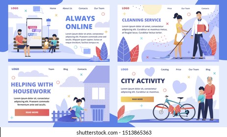 informational Poster Set Written Always Online. Helping with Housework. Cleaning Service. City Activity. Dad with Daughter and Son Communicate outdoors. Joyful children. People are Sitting on Bench.