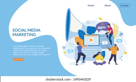 Informational Poster Social Media Marketing Flat. Creating Right Mood for Work. Men and Women Create Content for Customer against Background an Electronic Device and Loudspeaker. Vector Illustration.