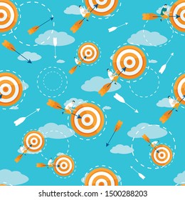 Informational Poster Strategy Plan Target Pattern. Clearly Expected Result Due to Work Done. Man Sits on Arrow Hit Target. Target against Sky and Clouds Seamless. Vector Illustration.