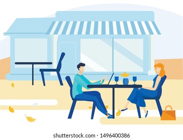Informational Poster Summer Ground Cafe Cartoon. Vector Illustration. Boy and Girl Went on Date at Autmn Day. They Spend Time at Table in Street Area Local Cafe. Man do Something in his Laptop.