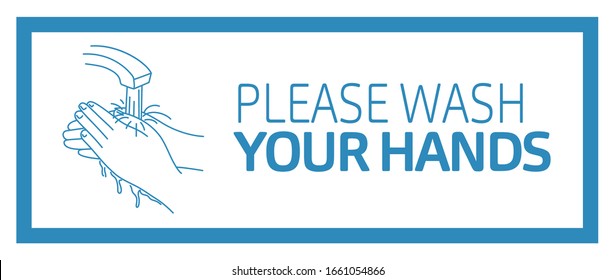 Informational poster with text "Please, wash your hands". Vector illustration of Handwashing. Hands soaping and rinsing