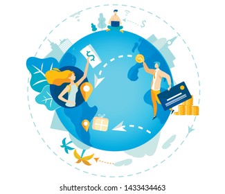 Informational Poster Transfer Funds Worldwide. Closeup Blue Planet. Man And Woman In Different Parts World Send Money To Each Other. Flat Intermediary For Profitable Currency Exchange.