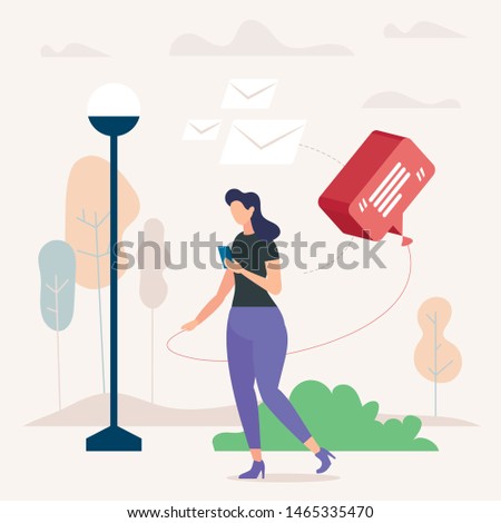 Informational Poster Unsuitable Puzzle Items. Banner Conceptual Idea Virtual and Real Life Woman. Flyer Girl Goes Through Park and Writes Messages in Smartphone. Vector Illustration.