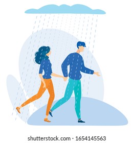 Informational Poster Walk Under Rain Cartoon. Guy with Girl Walking Down Street in Rain. Couple in Love is Walking in Rainy Weather Along Street. Strong Friendship Despite Problems.
