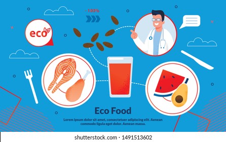 Informational Poster is Written Eco Food Flat. Coveted Goal Physicians and Scientists is Good Health for all. Male Doctor Talks about Value Organic Food Cartoon. Vector Illustration.