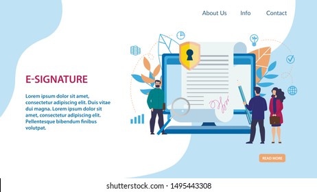 Informational Poster is Written E-signature Flat. Banner Opportunity to Think in Silence. People Sign an Electronic Document on Screen Large Laptop. Vector Illustration Landing Page.