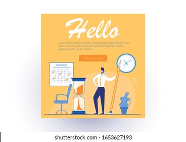 Informational Poster is Written Hello, Office Work. Guy is Pleased with Himself and is Standing with Large Pencil in Office. Determination how to Increase Productivity at Work Flat.