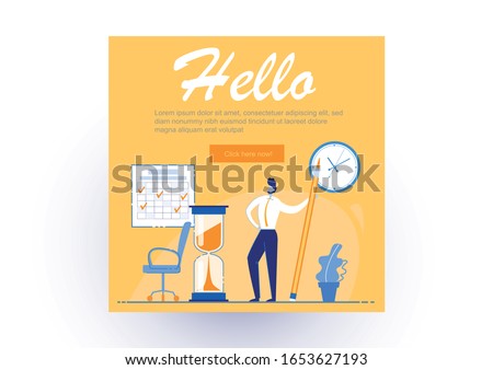 Informational Poster is Written Hello, Office Work. Guy is Pleased with Himself and is Standing with Large Pencil in Office. Determination how to Increase Productivity at Work Flat.