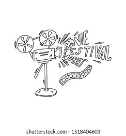 Informational poster written movie festival night. Quick sketch camcorder. Hand-drawn movie projector. Vintage complex film mechanism. Mounted on  tripod Vector illustration.