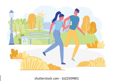 Informational Poster Young Couple Jogging in Park. Man and Woman are Running around Park and Smiling at Each Other. Guy and Girl Sportswear are Running Down Street. Vector Illustration.