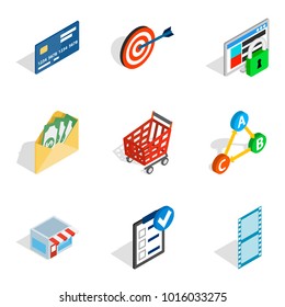 Informational progress icons set. Isometric set of 9 informational progress vector icons for web isolated on white background