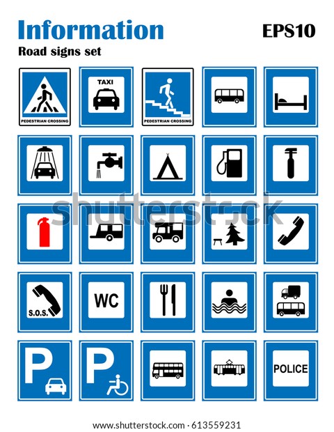 Informational road blue symbols set. Vector\
illustration isolated on white. Mandatory signs. Ready to use\
traffic banner.