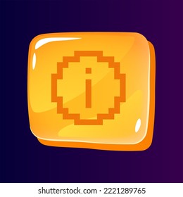 Informational service glossy ui button with pixelated icon. FAQ. Editable 8bit graphic element on shiny square shape. Isolated vector user interface image for web, mobile. Retro style game design