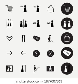 Sistema de información, iconos simples y elegantes del centro comercial. 