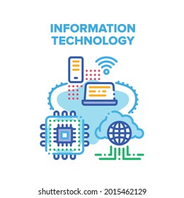 Informational Technology Vector Icon Concept. Informational Technology For Communication, Mobile Phone And Laptop Wireless Network Connection, Microchip And Cloud Storage Color Illustration