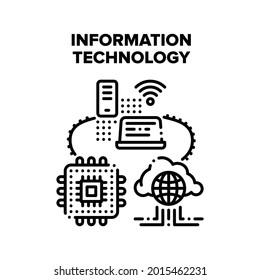 Informational Technology Vector Icon Concept. Informational Technology For Communication, Mobile Phone And Laptop Wireless Network Connection, Microchip And Cloud Storage Black Illustration