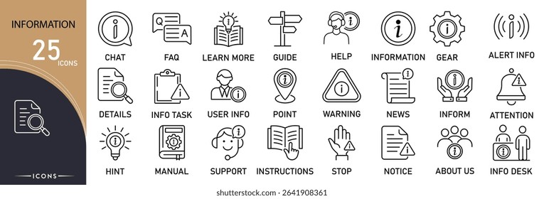 Information-related icon collections. Containing data, info, document, help, knowledge, support, search, FAQ, analysis, and report icons. Outline icons.