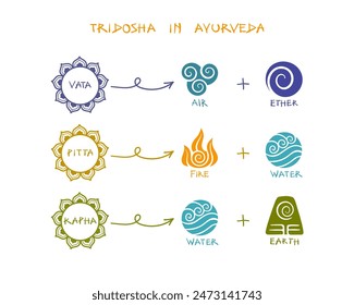 Un afiche informativo de la infografía del Vector ayurvédico que muestra las tres doshas - Vata con símbolos de aire y éter, Pitta con fuego y agua, y Kapha con agua y tierra. Establecer sobre fondo transparente.