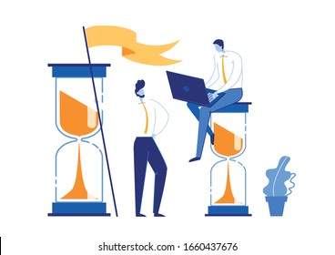 Informative Banner Art Working Time Management. Man Sits on Top an Hourglass with Laptop, next to him is Chief Proudly Holding Flag. Office Employee Keeps Track Time. Vector Illustration.