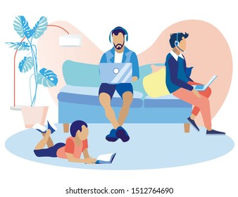 Informative Banner Call Center at Home Cartoon. Professional Writing Skills and Communication with Customers. Men Work at Home on Laptops Sitting on Couch, Next to Child Reads Book. 