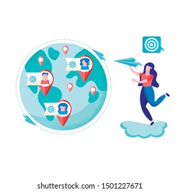 Informative Banner Development Email Route Flat. Navigation for News Reports and Digests. Girl Launches Paper Airplane around Planet. Low Cost Channel Support. Vector Illustration. 