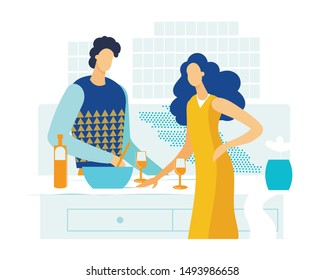 Informative Banner Dinner at Home Couple in Love. Two Independent Individuals Lead Life Together. Husband and Wife Spend Romantic Evening at Home with Wine and Salads. Vector Illustration.