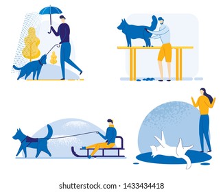 Informative Banner Dog Training Set, Cartoon. Guy Walking Rain with Dog. Dog Team is Driving Man. Girl Trains Teams. Successful Work Handlers. Vector Illustration on White Background.