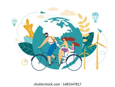 Informative Banner Employees on Vacation Flat. Dramatic Changes in Situation. Poster Family Bike Ride around Planet. Parents and Children Spend their Vacation Time Together. Vector Illustration.