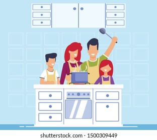 Informative Banner Family Cooking Cartoon Flat. Cooking Together an Interesting Dish, Distribution between Different Stages Cooking. Husband with his Wife and Children Learn to Cook Food in Kitchen. 