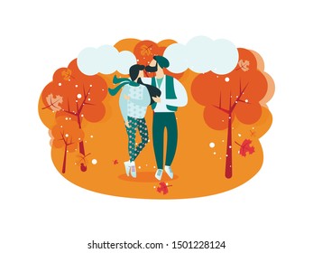 Informative Banner Friendly Relations Cartoon. Ability to Search for Compromise, Exchange Requests and Proposals. Guy with Girl Walk in Warm Autumn Weather Through Park. Vector Illustration.