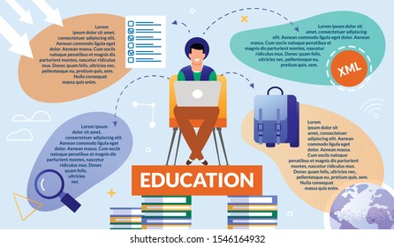 Informative Banner Guy Gets Interactive Education. Guy is Sitting on Chair Standing Inscription and Books. Man Smiles and Works at Laptop. Training for Versatile Tasks. Vector Illustration.